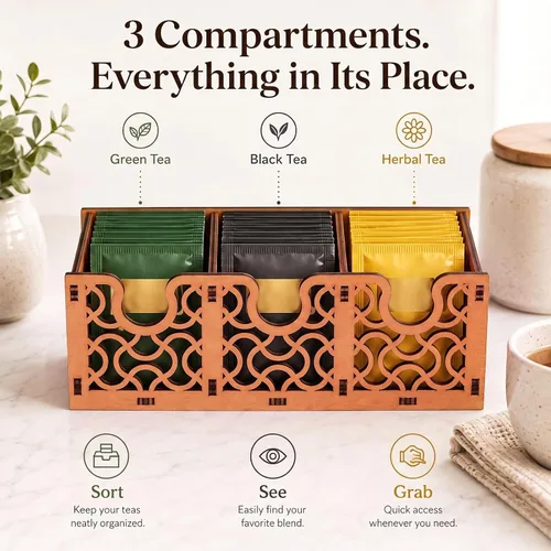 Vista 4 de Wooden Tea Bag Organizer with Decorative Cutout 3 Compartments