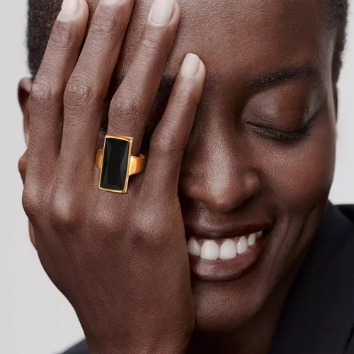 Vista 3 de Stainless Steel Gold Plated Rectangular Black Glass Crystal Ring for Women,Best Friend Gift