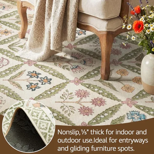 Vista 5 de jinchan Haden - Alfombra de entrada de 2 x 3 pulgadas, diseño floral vintage, lavable, suave, antideslizante, de pelo bajo, para puerta, cocina
