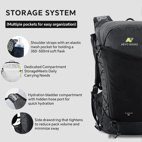 Vista 3 de N NEVO RHINO Chaleco para correr de 12L, chaleco de hidratación con 2 Negro