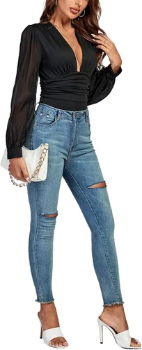 Vista 5 de LYANER Body de manga larga con cuello en V profundo plisado y fruncido para mujer