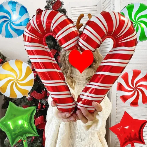 Vista 6 de 28 globos de papel de aluminio de Navidad de bastón de caramelo con cintas, globos de Mylar para decoración de fiestas
