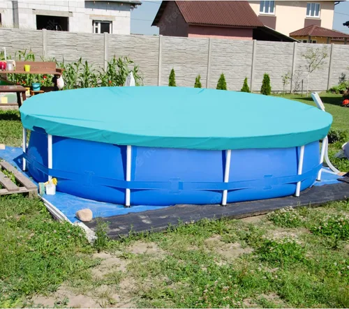 Vista 7 de ECOOPTS Cubierta redonda impermeable de poliéster para piscinas sobre el suelo, protector de cubierta de piscina de invierno (6 pies, turquesa)