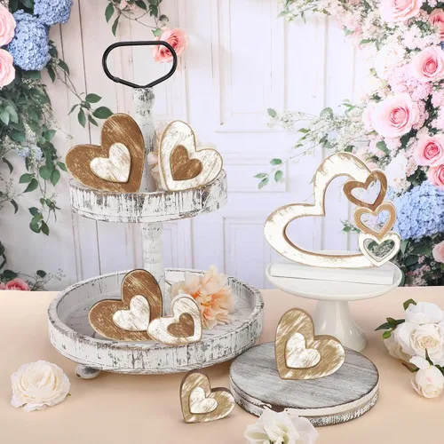 Vista 3 de 7 piezas de decoración para el día de San Valentín, bandeja escalonada de madera con forma de corazón, decoración retro para el día de San Valentín