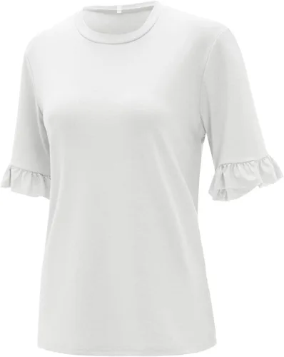 Vista 4 de Zpervoba Camisetas lisas de verano para mujer, estilo casual, cuello redondo, encaje con volantes, manga corta, elástica, ajustada, básica