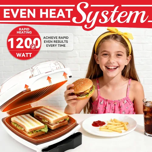 Vista 3 de SugarWhisk Parrilla Eléctrica 2 en 1 para Hamburguesas, Parrilla Eléctrica de Interior y Prensa Panini con Placas de Parrilla Antiadherentes, 1200W