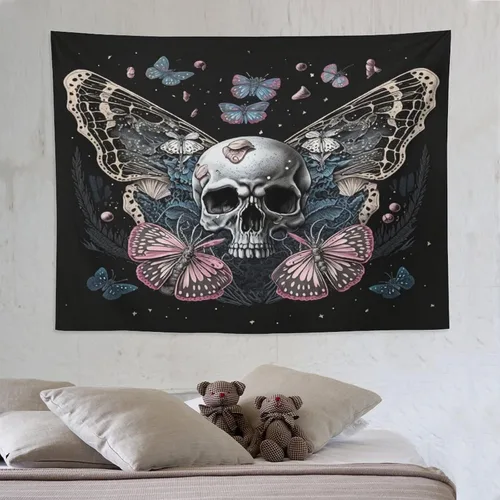 Vista 11 de Naykow Tapiz de calavera y mariposa, tapiz rosa trippy negro, tapiz de bruja gótica para dormitorio, decoración de habitación hippie de mariposa