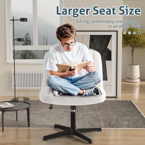 Vista 5 de Shahoo Silla de patas cruzadas con otomana, giratoria sin brazos, ancha, acolchada, moderna, altura ajustable, tela para oficina en casa, color beige
