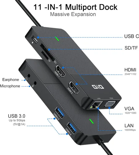 Vista 2 de Estación de acoplamiento USB GIQ USB C HUB USB 3.0 a HDMI dual Adaptador VGA de triple pantalla USB C Estación de acoplamiento para portátil Monitor