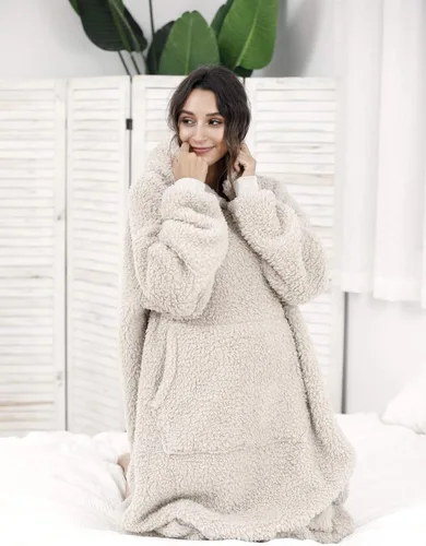 Vista 4 de Manta Sherpa con capucha de gran tamaño, sudadera con capucha y manga larga y bolsillo, color beige