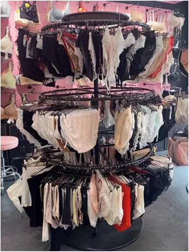 Vista 6 de Estante de exhibición de ropa de pie, estante de ropa redondo portátil al por menor, soporte de exhibición de sujetador de pantalones cortos