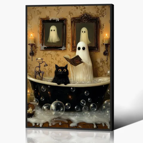 Vista 16 de Póster de fantasma y gato negro en la bañera, arte de pared en lienzo de Halloween de Whimsigoth, pintura de fantasmas y flores, imagen espeluznante