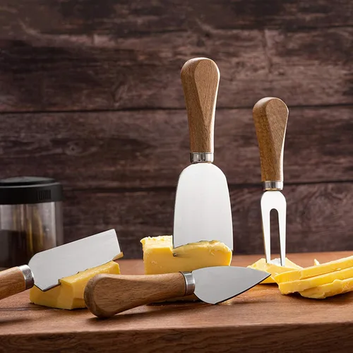 Vista 3 de Juego de cuchillos de queso de 4 piezas con asas de madera, cuchillos de queso de acero inoxidable, esparcidores de queso, cuchillo de mantequilla
