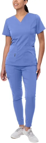 Vista 10 de Adar Pro Scrubs for Women Set - V-Neck & Jogger Cargo Pants, 7 Pockets Blanco