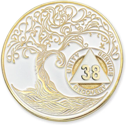 Vista 153 de 1 año Sobriety Mint Twisted Tree of Life Medallón de recuperación AA chapado en oro, chip/ficha - negro