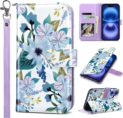 Vista 20 de ULAK Funda tipo billetera compatible con iPhone 15 para mujeres, funda tipo cartera con estampado floral de piel PU premium con porta tarjetas
