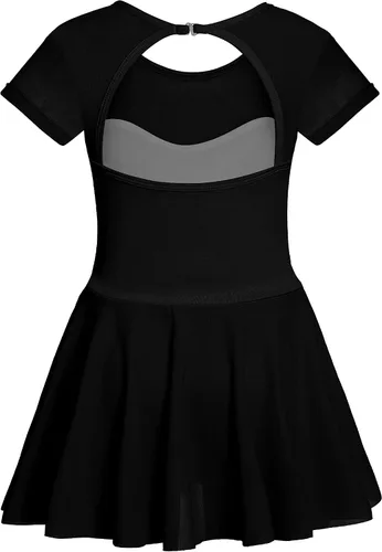 Vista 4 de Phineein Leotardos de ballet de manga corta para niñas, leotardos de baile con espalda hueca con falda Negro