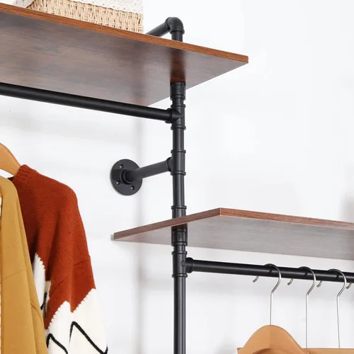 Vista 5 de Perchero Industrial de Tubería con 2 Estantes, Perchero de Ropa de Servicio Pesado Montado en Pared Soportes de Exhibición de Tienda de Ropa
