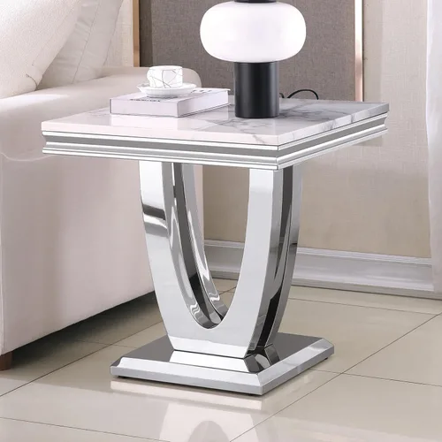 Vista 10 de Mesa de centro de mármol negro Henf de lujo, mesa auxiliar rectangular de mármol sintético de imitación con base de acero inoxidable dorado