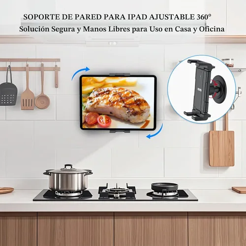 Vista 3 de OHLPRO Soporte de pared para tableta, soporte de pared para iPad con giro ajustable de 360°, soporte adhesivo 3M sin taladrar para cocina, oficina