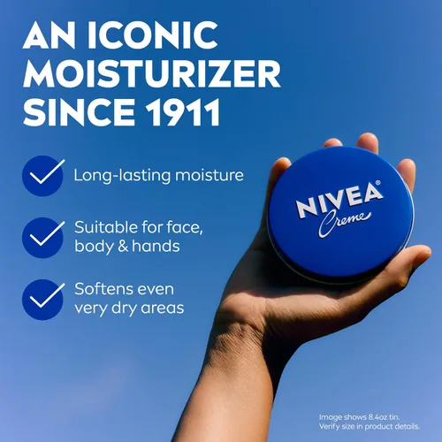 Vista 2 de NIVEA Crema hidratante para el cuerpo, la cara y las manos, fórmula alemana, rica crema hidratante corporal con provitamina B5, lata de 8.4 onzas