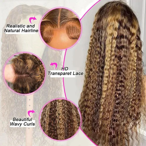 Vista 3 de Pelucas de cabello humano con reflejos degradados y encaje frontal, densidad 250, 4/27, rubio miel, pelucas frontales prearrancadas, 22 pulgadas