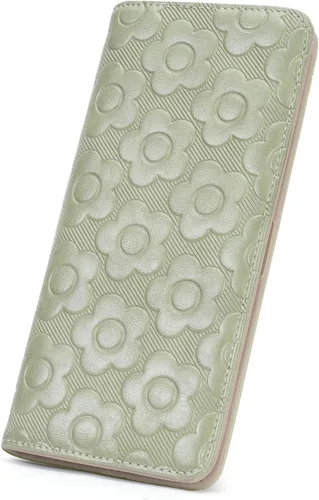 Vista 10 de Cartera delgada ultradelgada para mujer 3D de cuero con estampado de flores en relieve para mujer, cartera con bloqueo RFID, tarjetero plegable