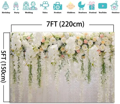 Vista 4 de YQ - Telón de fondo floral de rosa blanca de 7 x 5 pies para fotografía de despedida de soltera, boda, flores, decoración de pared, fondo de fotos