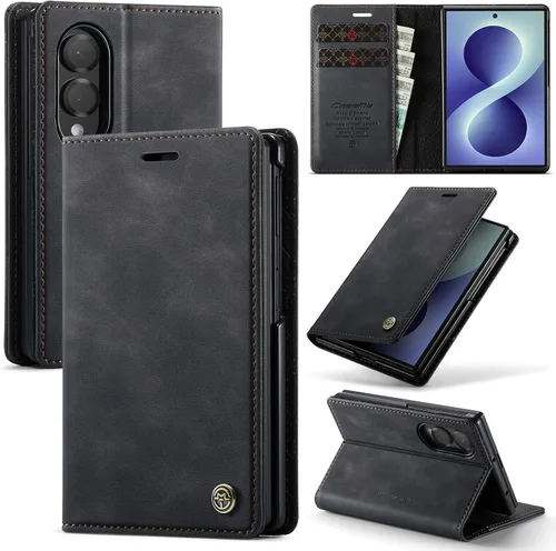 Vista 114 de Funda tipo cartera para Samsung Galaxy Z Flip 7 de piel con tarjetero y función atril, cierre magnético, bloqueo RFID, TPU a prueba de golpes Negro