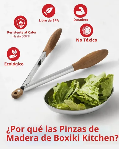 Vista 5 de Boxiki Kitchen Pinzas de madera para cocinar, pinzas antiadherentes para ensalada de cocina para servir alimentos, asar a la parrilla, cocinar