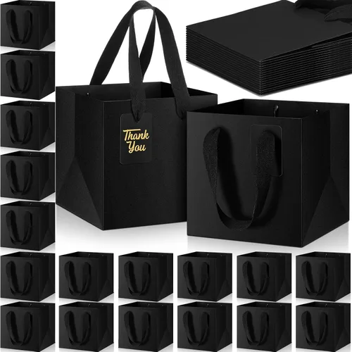 Vista 13 de Windyun 25 mini bolsas de regalo de papel con asa de 6 x 6 x 6 pulgadas, pequeñas bolsas cuadradas con etiqueta de agradecimiento para Navidad