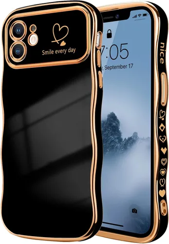Vista 79 de LCHULLE - Funda para iPhone Air, linda para mujeres y niñas, con forma de onda, color azul bebé Luxury Plating Curly Wavy Frame with Love Heart