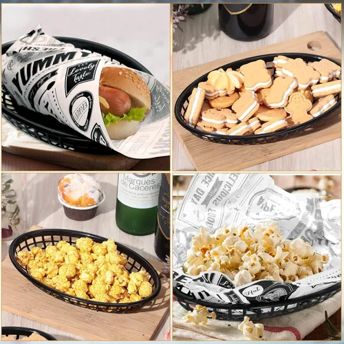 Vista 3 de Potchen 10 cestas de comida rápida de 8.9 x 5.5 pulgadas, cestas de plástico para alimentos, bandeja de chips negros, bandeja ovalada reutilizable
