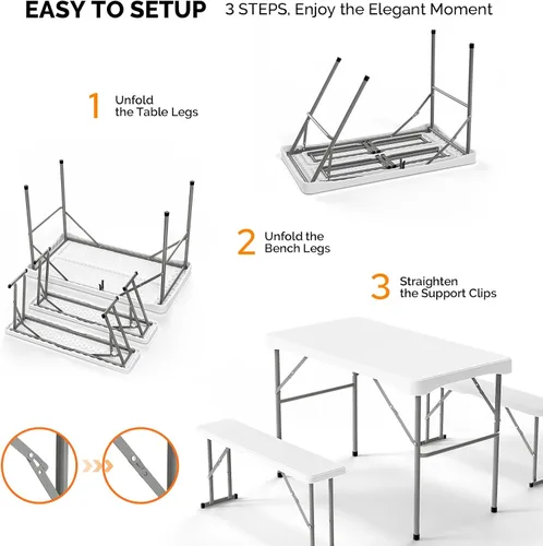 Vista 5 de VINGLI Juego de mesa de picnic con 2 bancos, juego de sillas de mesa de campamento de 6 pies, material HDPE resistente con marco de metal, muebles