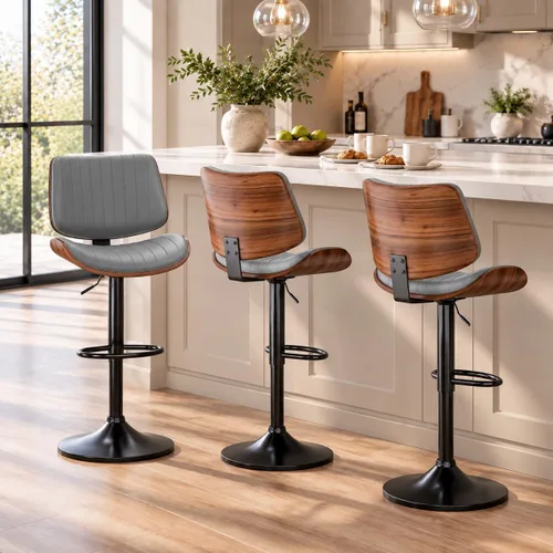 Vista 18 de YaFiti Taburetes de bar ajustables, modernas sillas giratorias de piel sintética con respaldo, taburetes de isla de cocina sin brazos, color negro
