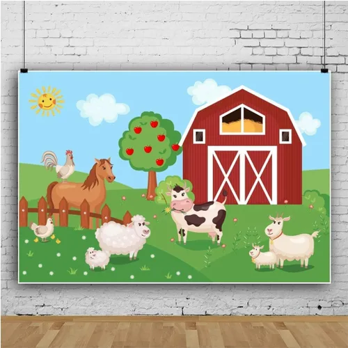 Vista 4 de Renaiss Fondo de animales de granja de 5 x 3 pies, diseño de dibujos animados, puerta de granero roja, granjero, granja, granja, fotografía, fondo