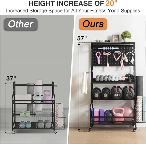Vista 2 de 56'' Taller Home Gym Storage Organizer, Red Modern Alloy Steel Workout Equipment Storage Rack with Wheels and Hooks