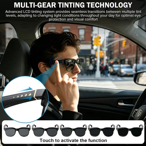 Vista 2 de Lentes de sol inteligentes Bluetooth con lentes electrocrómicos, control de tinte multinivel para conducir, viajar, pescar, uso diario, altavoces