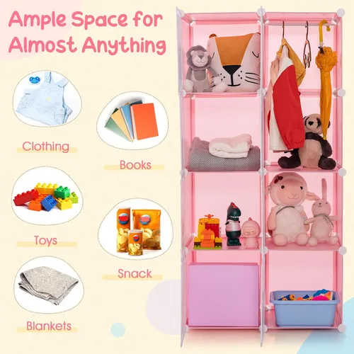Vista 6 de INFANS Armario para niños, armario portátil para bebé, lindo para dormitorio de niños, armario de guardería con puertas, 12 cubos, 2 secciones