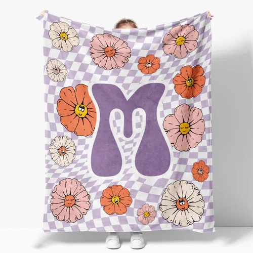 Vista 12 de Manta retro de los años 70 con inicial B floral a cuadros, groovy abstracta estética, manta de franela suave personalizada, regalos con monograma