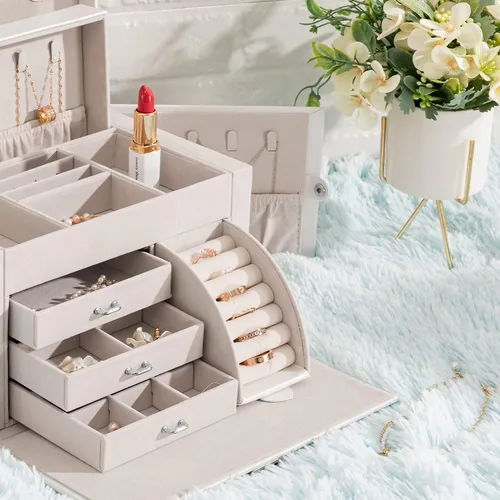 Vista 3 de Oyydecor Joyero organizador para mujeres y niñas piel sintética para personas mayores caja de almacenamiento de joyas con cerradura organizador