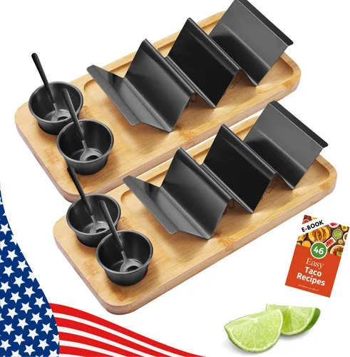 Vista 9 de Kit de Soportes para Tacos, Set 3-en-1 - Soporte para Concha de Taco + Bandeja de Servicio + Taza para Salsa, Plato de Presentación para Tacos