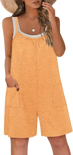 Vista 6 de Vigorics Enterizo casual para mujer, sin mangas, con tirantes ajustables, pantalones cortos, overoles elásticos con bolsillos Negro