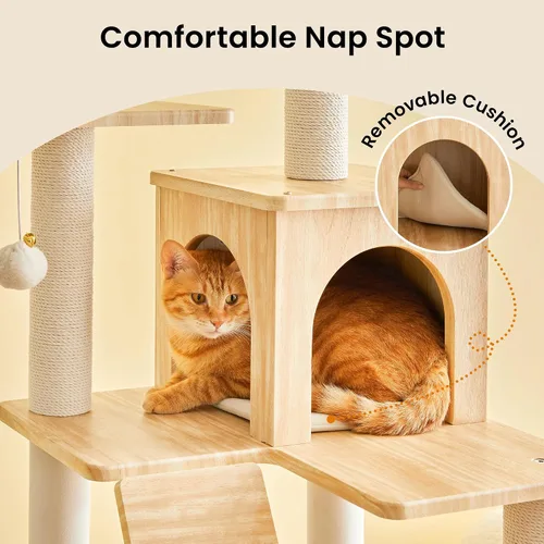 Vista 5 de Árbol para gatos moderno de 64 pulgadas, torre para gatos de interior con varios niveles, con 7 postes rascadores completamente envueltos, 2 Marrón