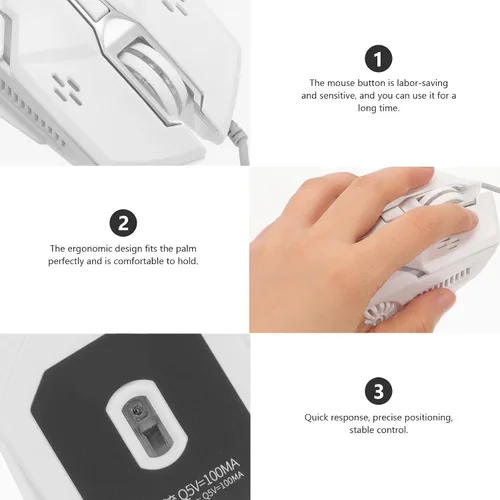 Vista 8 de Ratón para juegos con cable USB para computadora portátil y PC, mouse mecánico silencioso de 6 botones con iluminación RGB, color blanco, periférico
