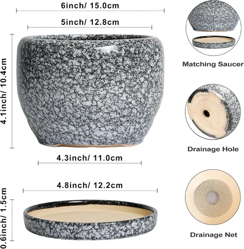 Vista 3 de SQOWL Maceta de cerámica para plantas - Maceta de cerámica de 6 pulgadas para interiores y exteriores, maceta decorativa para plantas con orificio
