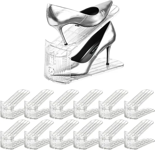 Vista 7 de Organizador de ranuras para zapatos, zapatero ajustable con tres niveles, apiladores de zapatos para un par de zapatos (transparente, paquete de 10)