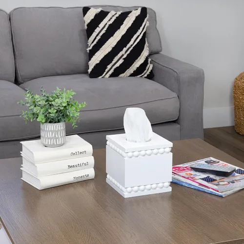 Vista 5 de AuldHome Design Cubierta cuadrada para caja de pañuelos con cuentas (blanca); soporte de pañuelos de madera rústico de granja