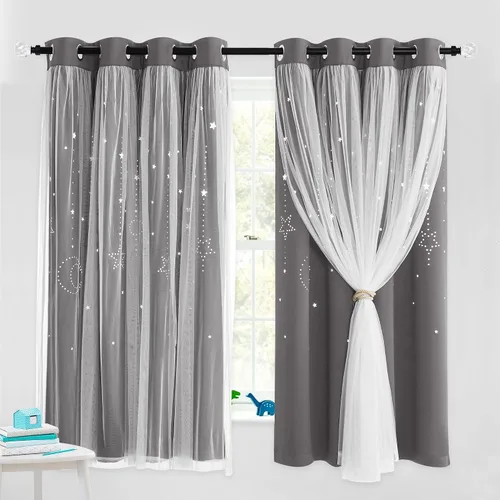 Vista 19 de NICETOWN Cortinas para Dormitorio de Niñas Infantiles con Estrellas Caladas Ventana 2 Capas Cortina 63 Pulgadas de Longitud Oscurecimiento