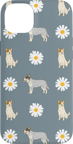 Vista 15 de Funda azul para iPhone 16 con diseño de perro Heeler y margarita azul polvoriento